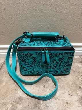 Turquoise Tooled Leather Makeup Bag with Carry Strap